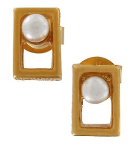 Mod Rectangle Small Faux Pearl Gold Tone Stud Hypoallergenic Pierced Earrings - Picture 1 of 2