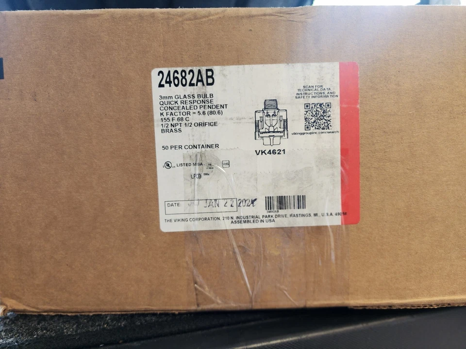 CABEZAL ROCIADOR CONTRA INCENDIOS COLGANTE OCULTO RESPUESTA RÁPIDA VK4621 24682-AB CAJA DE 50  Foto 1 de 2