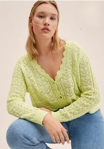 MNG Mango Crochet Open Work Knit Cardigan Size Medium Light Green - Picture 1 of 13
