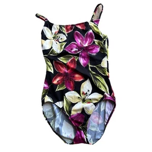 SIRENS One Piece Black Multi Color Floral Bathing Suit Women’s Sz 12 - Picture 1 of 4