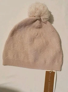 NWT ELLA SANDERS Sz OS Kids Bone Wool Knit Wave Ribbed Pom Pom Beanie - Picture 1 of 6