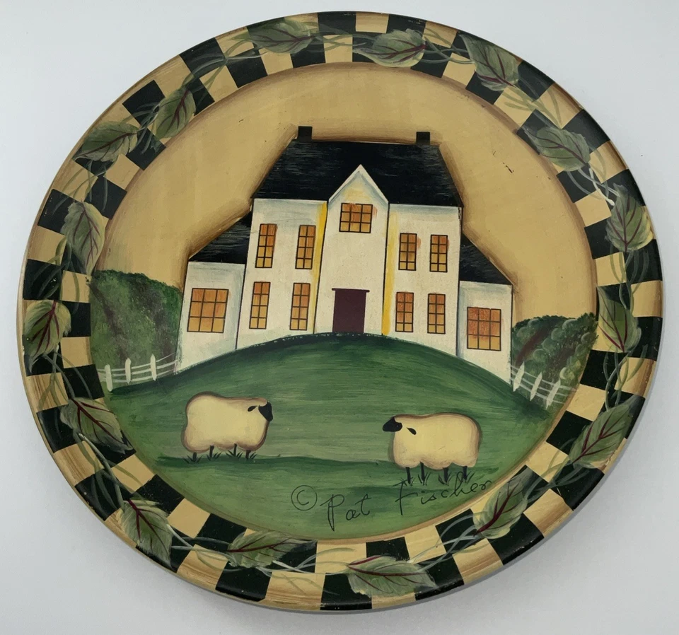 Vtg Pat Fischer Primitive Folk Art Hand Painted Plate Farmhouse Scene Signed - Image 1 of 4
