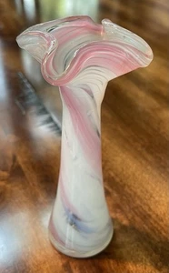 Vintage Hand Blown Swung Art Glass Bud Vase White Pink Swirl 6.5” Tall - Picture 1 of 10