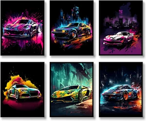 Car Wall Art Prints Set of 6 Street Racing Car Posters Fashion Wall Decor Colorf - Picture 1 of 14