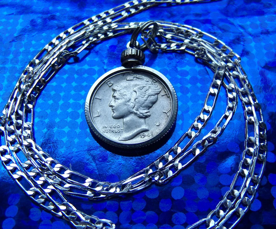HIGH GRADE Mercury Dime Bezel Pendant on a 24" 925 Sterling Silver Chain