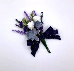 Hochzeit Knopfloch künstliche Heide Rosen Pride of Scotland modernes Band - Bild 1 von 3