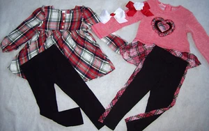 GIRL 3T: NWT RED PLAID ~NANNETE~ SET; & ~CAT & JACK~: 6 Pcs: TOPS w/ LEGGINGS - Picture 1 of 3