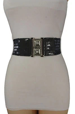 Donna Blu Navy Elastico Metallo Fibbia Moda Elasticizzato Cintura Decorato S M - Immagine 1 di 4