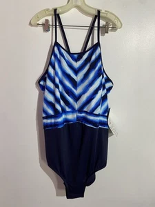 Avenue One Piece Swimsuit 28 Blue Striped Beach Resort Cruise Slimming Tanning - Picture 1 of 11