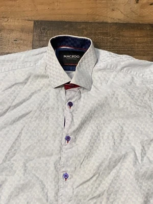 Camisa Maceoo Para Hombre Mediana Azul Blanca Abotonada Geométrica Elastizada Preppy Foto 1 de 4