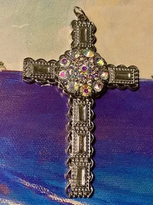 Vintage Cross Pendant 2” X 3”. Highly Decorated Cubic Zirconia. Silver Tone - Picture 1 of 5