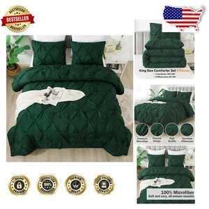 King Size Dark Emerald Green Pinch Pleat Comforter Set - Elegant 3-Piece Design - Picture 1 of 9