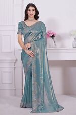Teal Blue Zari Resham Stone Embellished Border Net Coding Party Wear Saree Sari
