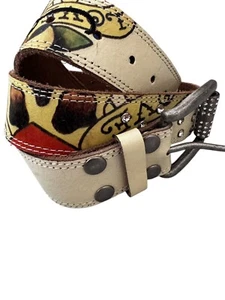 ED HARDY Tattoo Belt Y2K Sz Large Off White Distressed Leather Rhinestones Rare - Picture 1 of 11