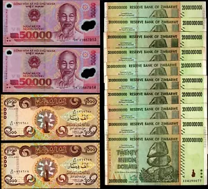 2 x 50,000 Dong Vietnam + 10 x 20 Billion Dollars Zimbabwe + 2 x 1000Dinars 2018 - Picture 1 of 5