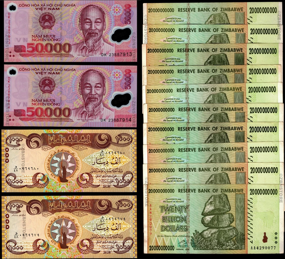 2 x 50,000 Dong Vietnam + 10 x 20 Billion Dollars Zimbabwe + 2 x 1000Dinars 2018 - Image 1 of 4