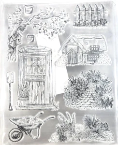Cottage Garten Schuppen Schubkarre Lattenzaun Pflanze Klar Stempel Blatt 7" x 8-1/2" - Bild 1 von 1