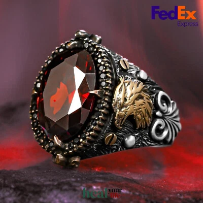 Sterling Silver Mens Ring Ruby Red Statement Ring Solid Turkish Jewelry Eagle - Image 1 of 2