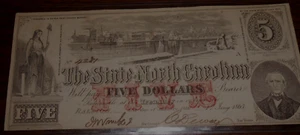 1863 $5 THE STATE OF NORTH CAROLINA - REDEEMABLE AT THE TREASURY - RALEIGH, N. C - Picture 1 of 4