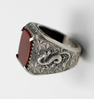 Solid 925 Sterling Silver Natural Agate Gemstone Chinese Dragon Signet Mens Ring