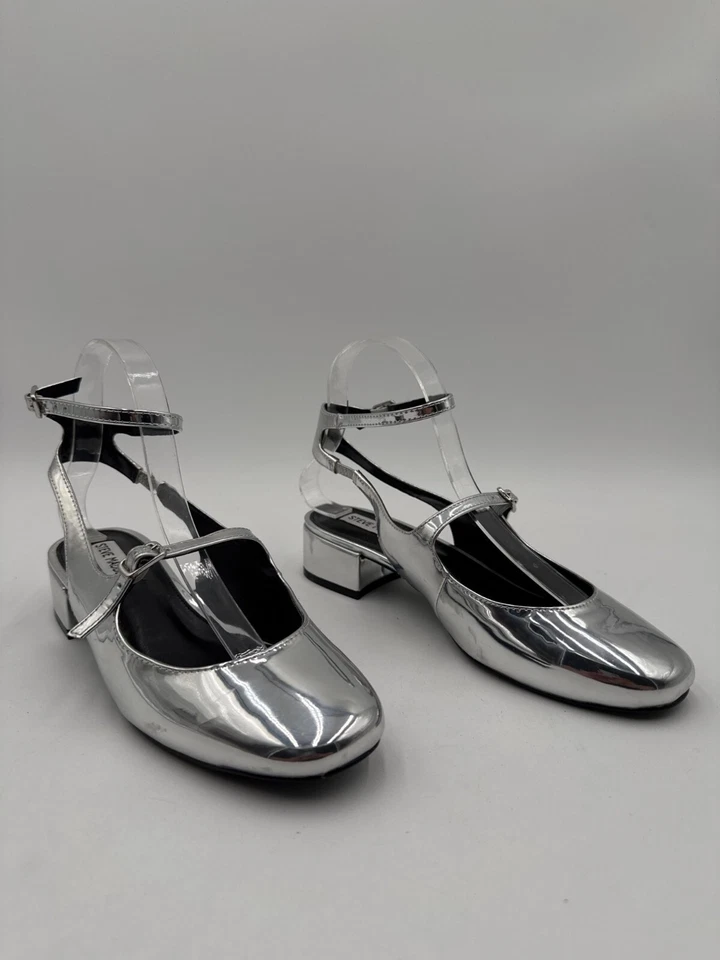 Steve Madden Womens Silver Metallic Mary Jane Block Heel Shoes Size 8M - Image 1 of 4