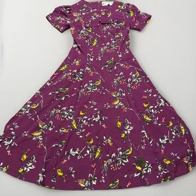 Hell Bunny Vixen Womens Small Purple Birdy Birds Modest Rockabilly Midi  - Image 1 of 4