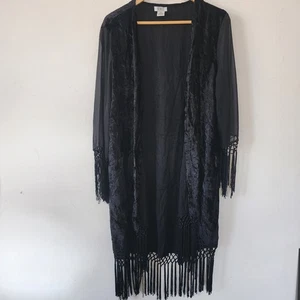 Monroe And Maine XL Black Fringe Velvet Shawl Cardigan Sheer Sleeves Bohemian - Picture 1 of 7