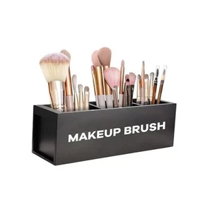 Large Makeup Brush Holder Organizer, Wooden Cosmetic Brushes 3 Solts Black - Picture 1 of 8