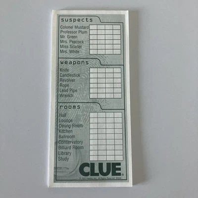 Bloc de notas CLUE Game Detective 20 páginas = 40 hojas para versión Hasbro (2005?) Foto 1 de 3