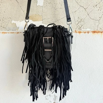 Bolso Bandolera De Colección con Flecos de Cuero Y2K Joseph B Negro Boho Festival Gamuza Cartera Foto 1 de 4