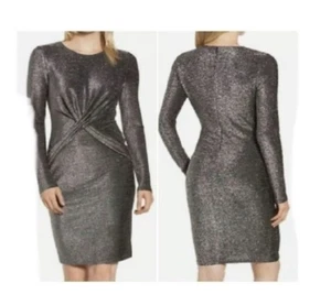 Vestido de cóctel Michael Kors para mujer plateado brillante torcido delantero manga larga talla XS - Imagen 1 de 13