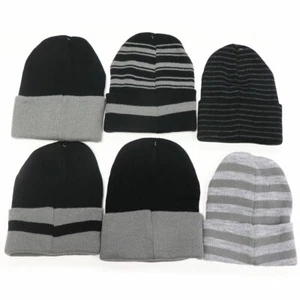 6 Pack Men's Super Stretch Striped Knit Cuffed Beanie Skull Cap Winter Ski Lot - Picture 1 of 6