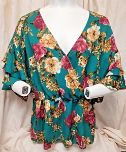 Green Floral Charming Charlie Blouse, Elastic Waist Angel Sleeves, Surplice (58 - Picture 1 of 8