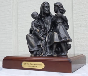 Jesus Statue selten Vintage "Lasst die Kinder kommen" Matthäus 19:14 Bronzeskulptur - Bild 1 von 9