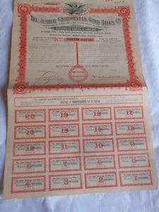 Certificado de acciones de colección Stocks Bonds acción Californian Jumper minas de oro 1910 - Imagen 1 de 4
