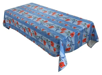 TISSUS TOSELLI French Provencal Coated Tablecloth Poppies & Lavender Light Blue Made In France