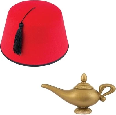 Adults Red Genie Fez Hat W/ Gold Magic Lamp Fancy Dress Costume Set Cosplay Stag - Image 1 of 3