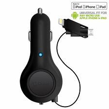 Cellet 10 Watt Retractable Car Charger With 8 Pin Lightning and Micro USB Tips