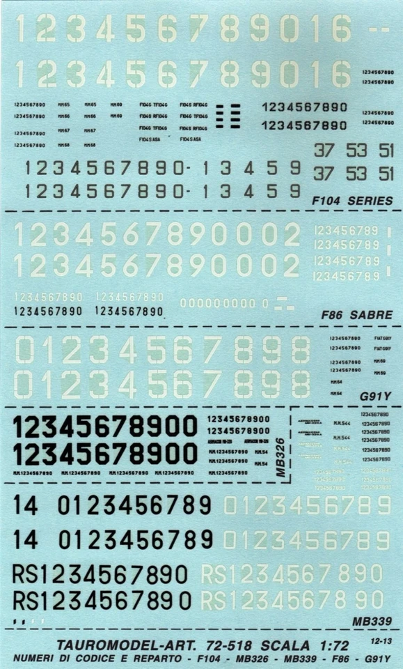 TAURO MODEL TM72/518 NUMERI REPARTO/MATRICOLA A.M.I. F-104, F86,G91 Y,MB 326/339 - Immagine 1 di 1