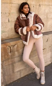 Free People Medium Size Coco Reversible Teddy Fur Padded Bronze Puffer Jkt - Picture 1 of 12