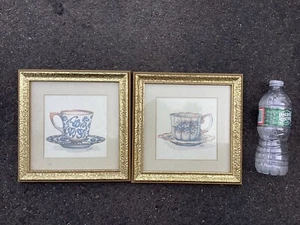 Vintage 1996-1997 Gold Framed Art Print Rose English TeaCup 2 Pics by M Hatters - Picture 1 of 2