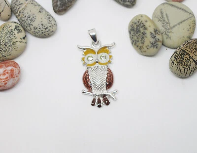 Ciondolo in Argento 925 a forma di Gufo con Cristalli e Smaltatura Multicolore - Immagine 1 di 4