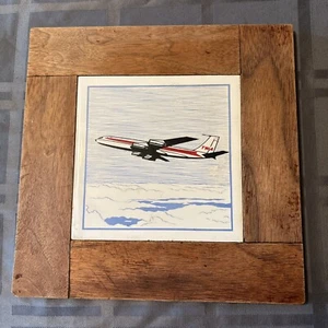 TWA AIRLINES HAND PAINTED CERAMIC PLANE TILE TRIVET VINTAGE - Picture 1 of 2