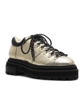 Schutz Lucille Ankle Hiking Boots Sz 6.5 B Gold Leather & Shearling - Picture 1 of 9