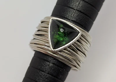 Mächtiger 925 Silber Ring mit Turmalin Cabochon Trilliant dunkelgrün Handarbeit - Bild 1 von 4
