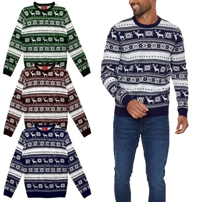 THREADBARE Mens Christmas Xmas Pullover Festive Knitwear Sweater Jumper Reinder Fairsle Top