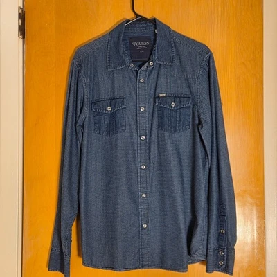 Vintage Guess Pearl Snap Shirt Mens L Blue Pin Dot Denim Western Rodeo Y2K 90s - Image 1 of 4