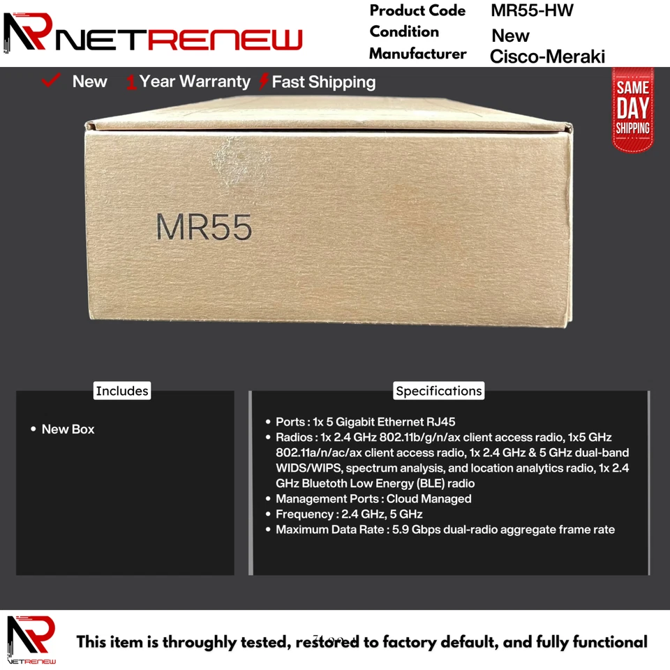 **NEW Cisco Meraki MR55-HW Quad-Radio 8x8 802.11ax (WiFi6) MU-MIMO Unclaimed - Image 1 of 1