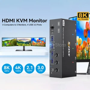 8K 60Hz KVM HDMI Switch Displayport USB 3.0 Port 3 Monitors 3 Computers PS4 Xbox - Afbeelding 1 van 26