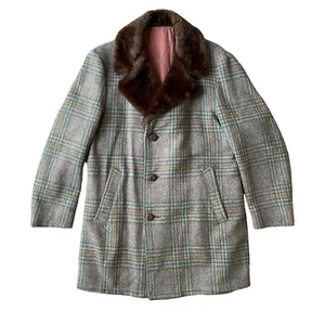 Tweed Vintage Topcoat 40 Wool Faux Fur Three Button Long Brown Lined Overcoat - Picture 1 of 12